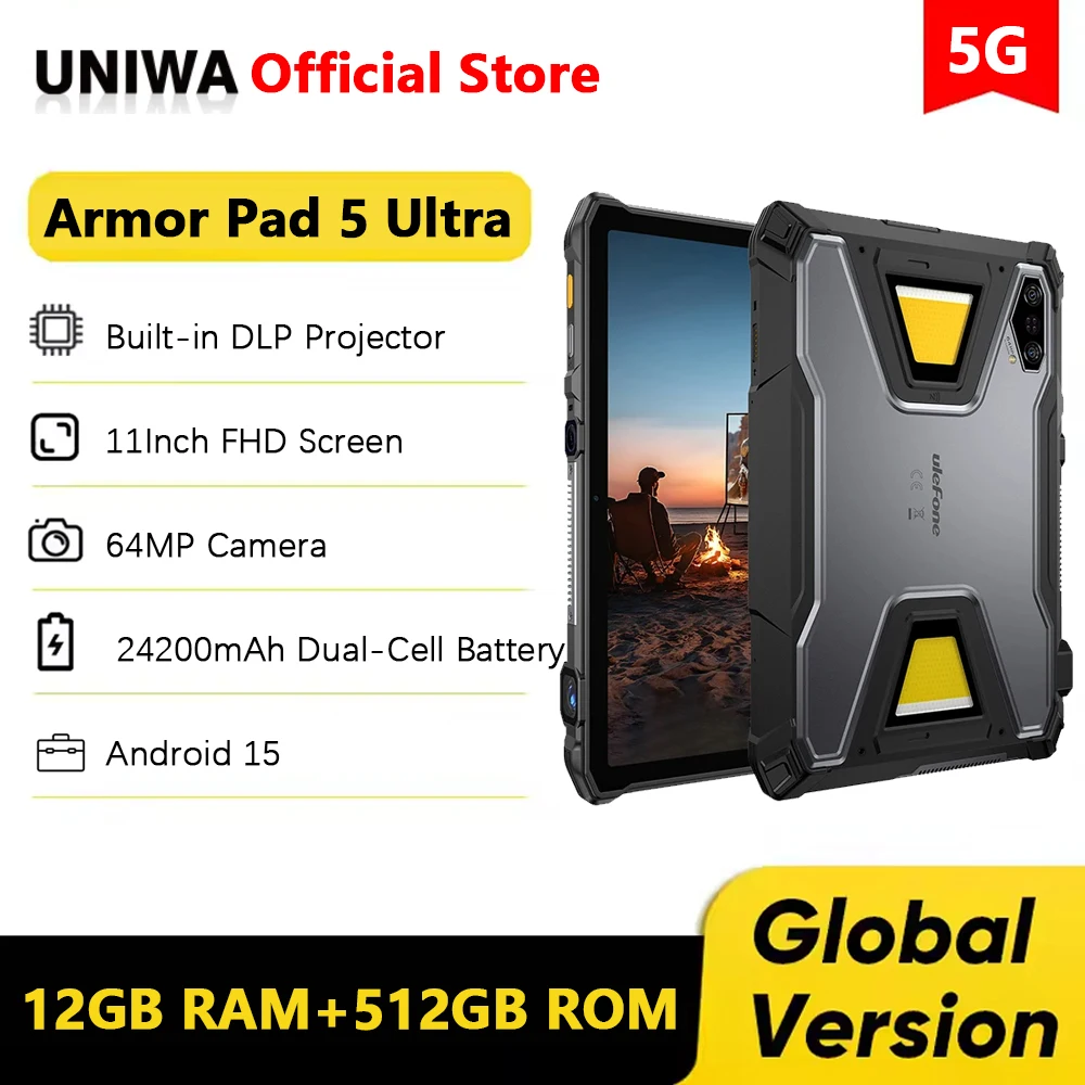 Ulefone Armor Pad 5 Ultra Rugged Tablet Portable Projector 200LM 24200mAh Battery 12GB+512GB 11" FHD 5G Smart Pad Android 15 NFC