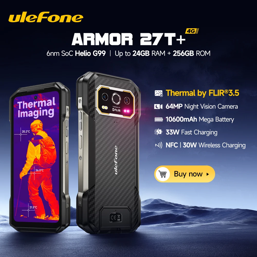 Ulefone Armor 27T+ 4G Rugged Phone 10600mAh Night Vision Camera Smartphone Android 15 Up to 24GB+256GB 120Hz 33W Fast Charge