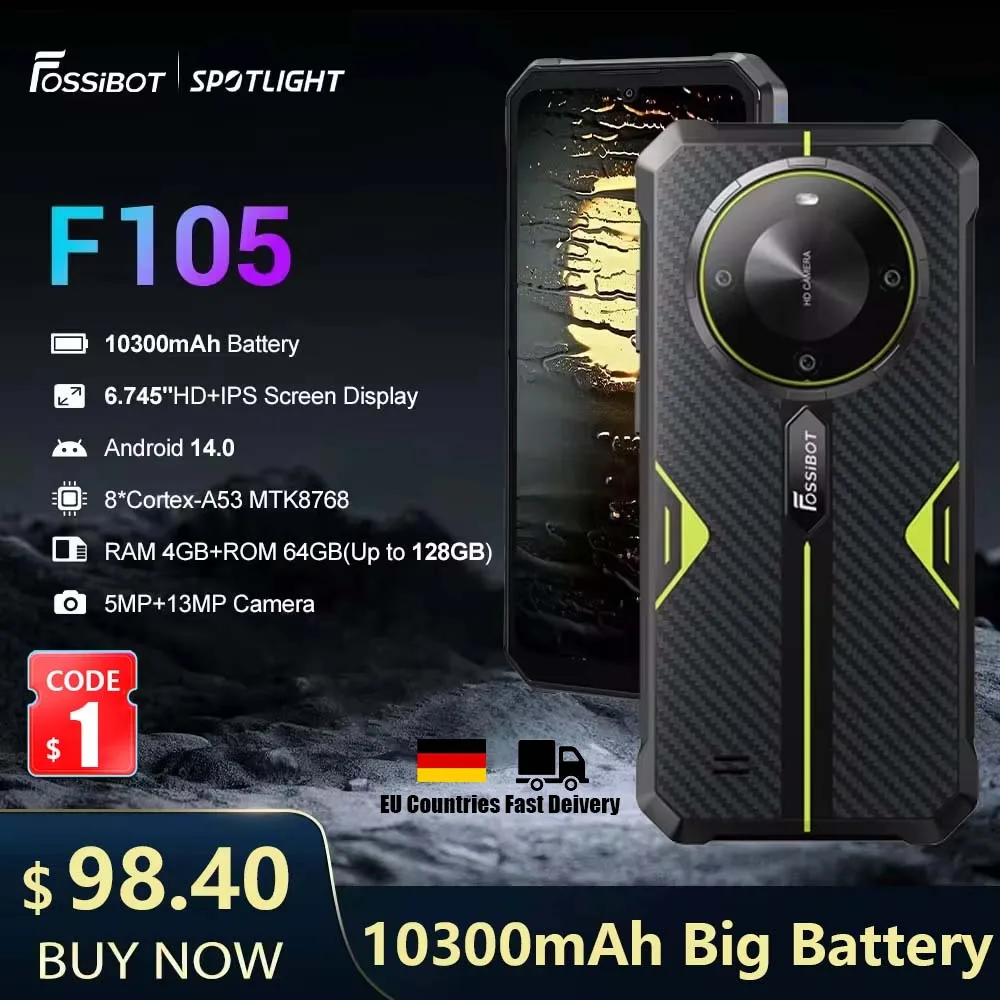FOSSiBOT F105 Rugged Smartphone 10300mAh Battery 20MP+8MP Camera CellPhone 12GB+ 64GB IP68/IP69K waterproof Phone （no charger）