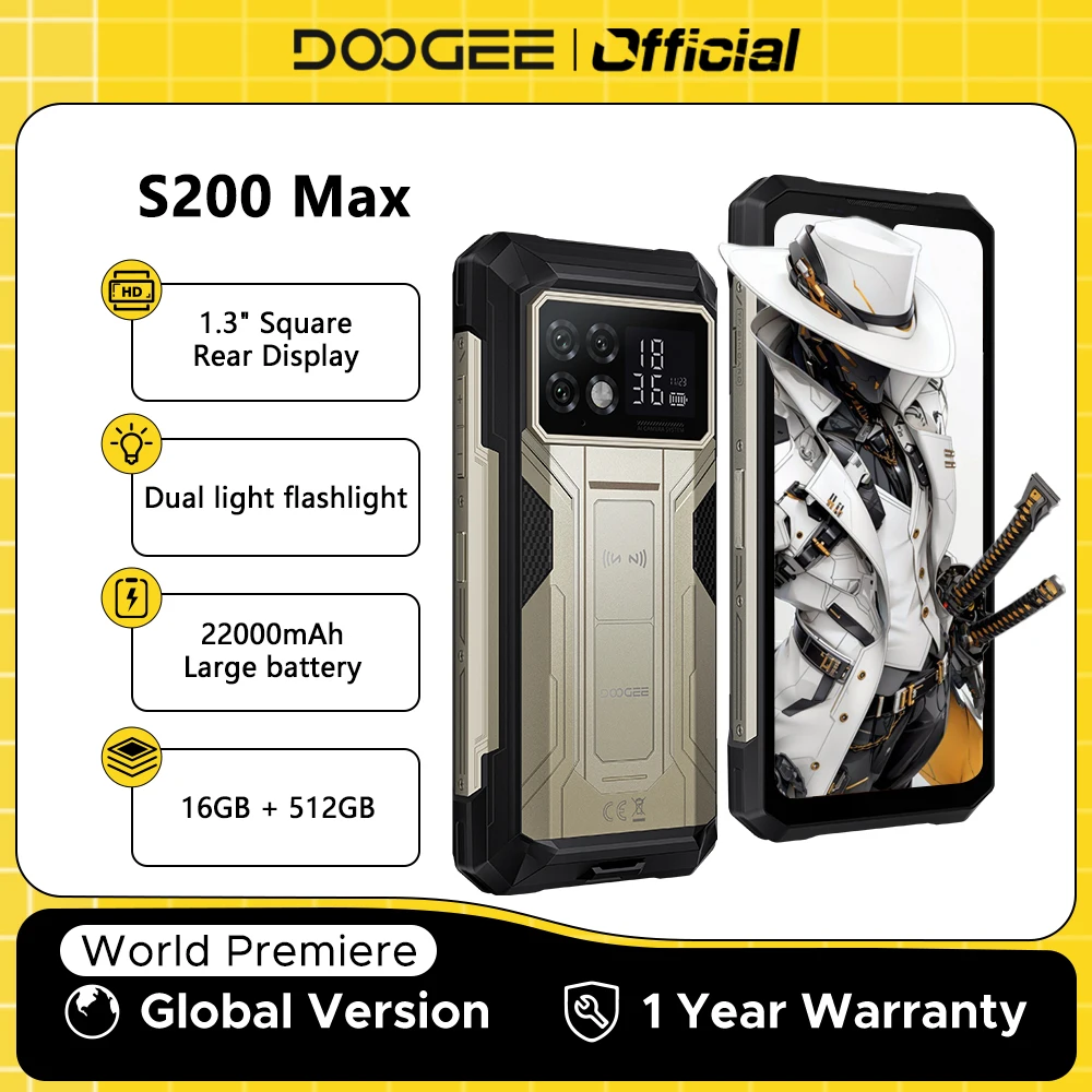 Global Version DOOGEE S200 Max Rugged Phone 16GB 512GB 22000mAh Battery 66W 1.32" Rear Display 6.72 120Hz Dimensity 7050 NFC Global Version DOOGEE S200 Max Rugged Phone 16GB 512GB 22000mAh Battery 66W 1.32" Rear Display 6.72 120Hz Dimensity 7050 NFC