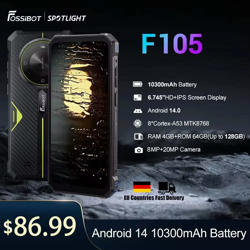 [World Premeire]FOSSiBOT F105 Rugged Smartphone Android 14 OS 10300mAh 12+64GB Mobile Phone 20 MP Camera 6.745" HD+ IPS Phone