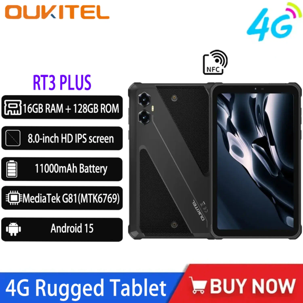 NEW Oukitel RT3 PLUS 4G Rugged Tablet 8 Inch HD 16GB (4+12)+128GB Smart Pad 11000mAh 16MP IP68 &IP69K Tablet PC Android 15 NFC