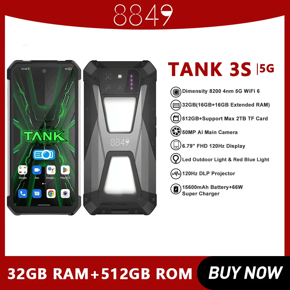 8849 Tank 3S Rugged Smartphone with Projector 16GB RAM 512GB ROM Dimensity 8200 5G 50MP Main Camrea 64MP Night Vision Dual Sim