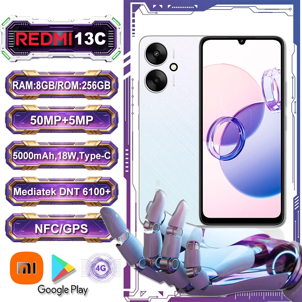 [EU/US/UK specifications] 6.74" large display Original smart phone Redmi 13C 4G 8GB+256GB 5000mah Long battery life music phone