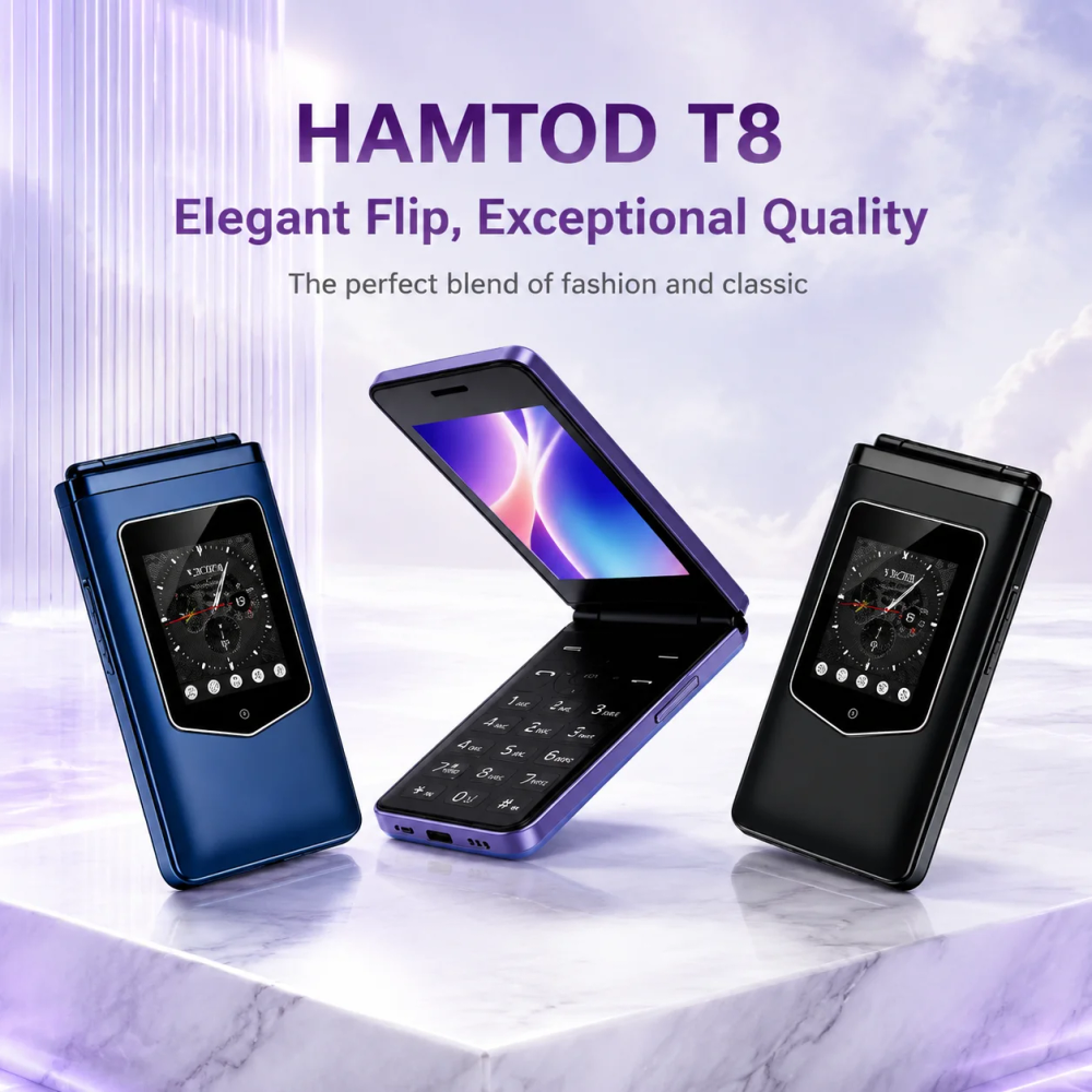 HAMTOD T8 4G Volte Flip Mobile Phone Dual SIM 2.8"+1.77" Screen 1500mAh Keypad CellPhone FM Radio SOS Torch