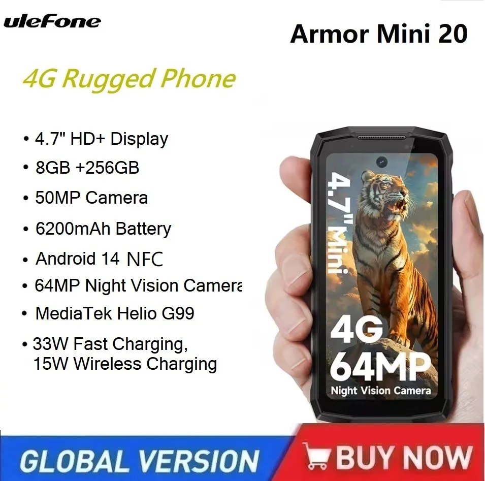 Ulefone Armor Mini 20 4G Rugged Phone 64MP Night Camera 8GB 256GB 6200mAh Smartphone Android 14 4.7 Inch Small Mobile Phones NFC