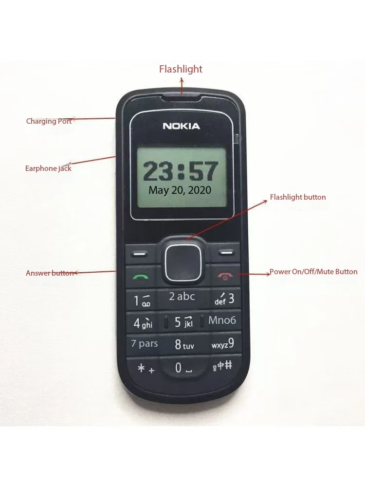 Nokia 1202 2G straight-bar key mobile phone, black with flashlight