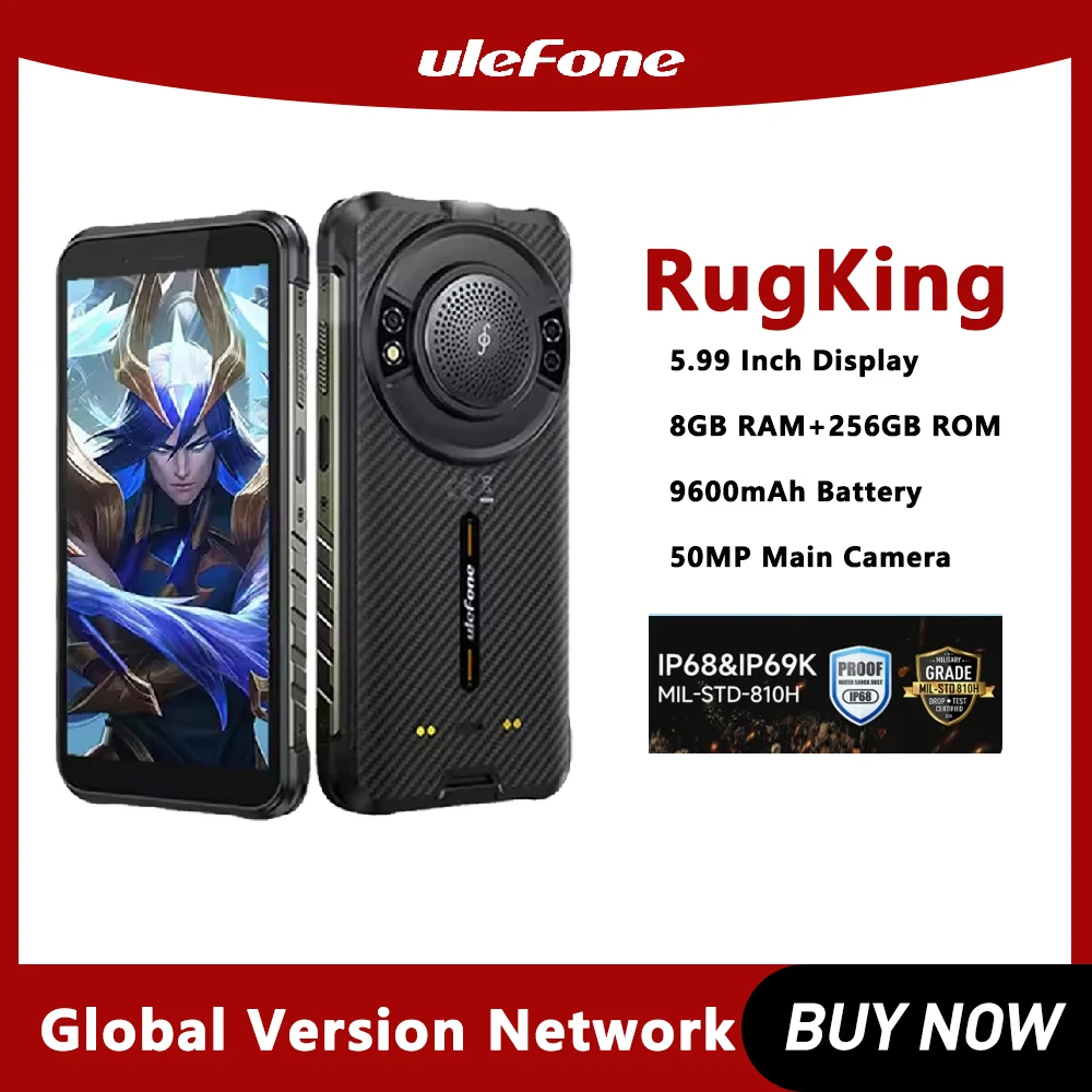 Ulefone 4G Rugged Phone 5.99" 8GB 256GB Mobile Phone 9600mAh 50MP Main Camera Smartphone Android 15 NFC RugKing