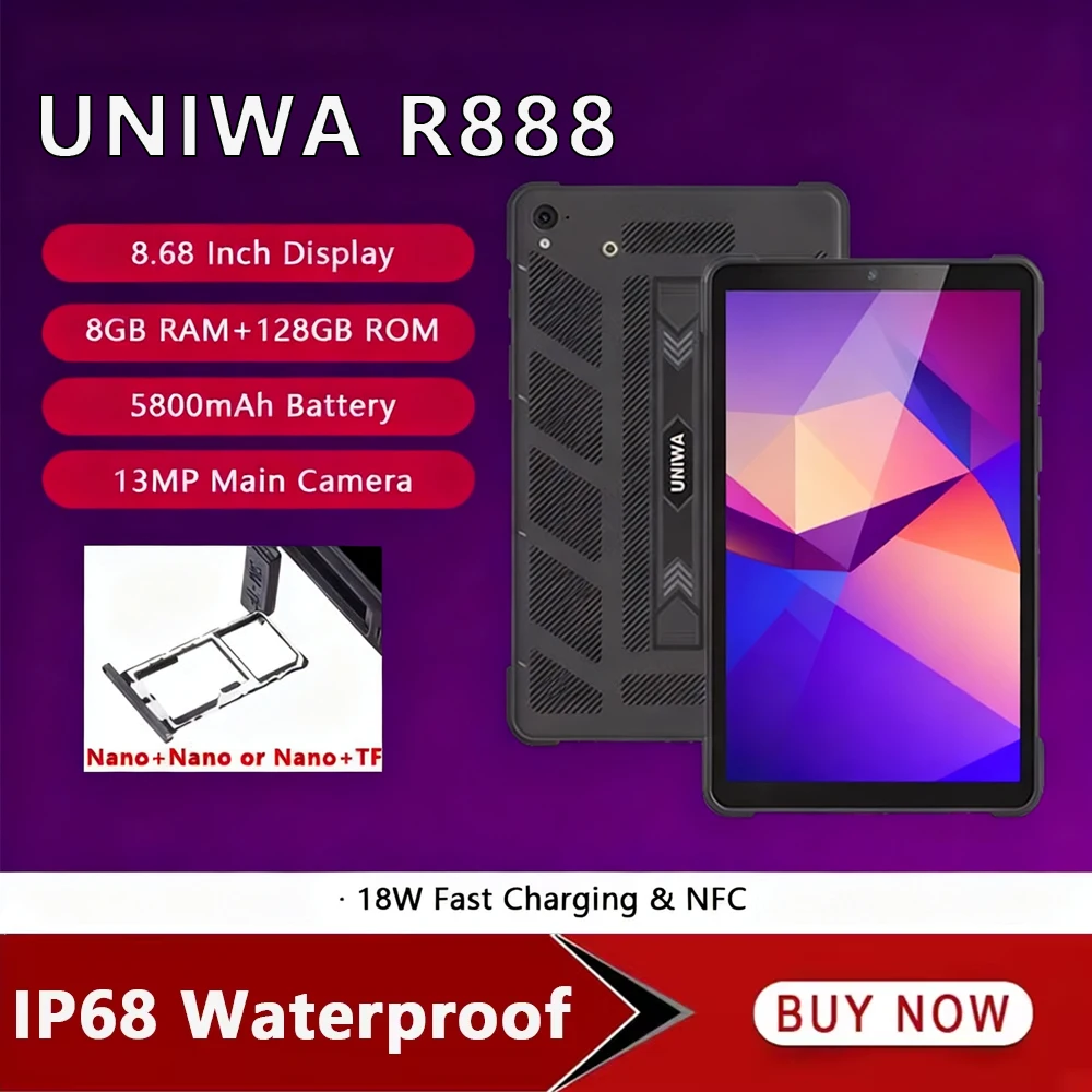 2025 New UTAB R888 8.68 Inch Android Tablet IPS Display Octa Core 8GB RAM 128GB ROM Dual SIM WiFi BT Google Play Tablet PC NFC