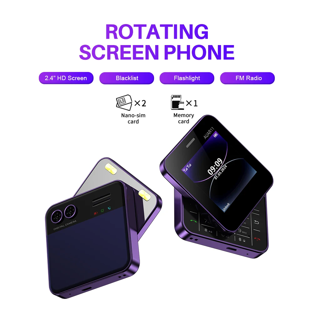 SERVO AUAR11 Side Sliding Mobile Phone 2G GSM Blacklist Speed Dial Magic Voice Flashlight Rotating Dual SIM Portable Small Phone