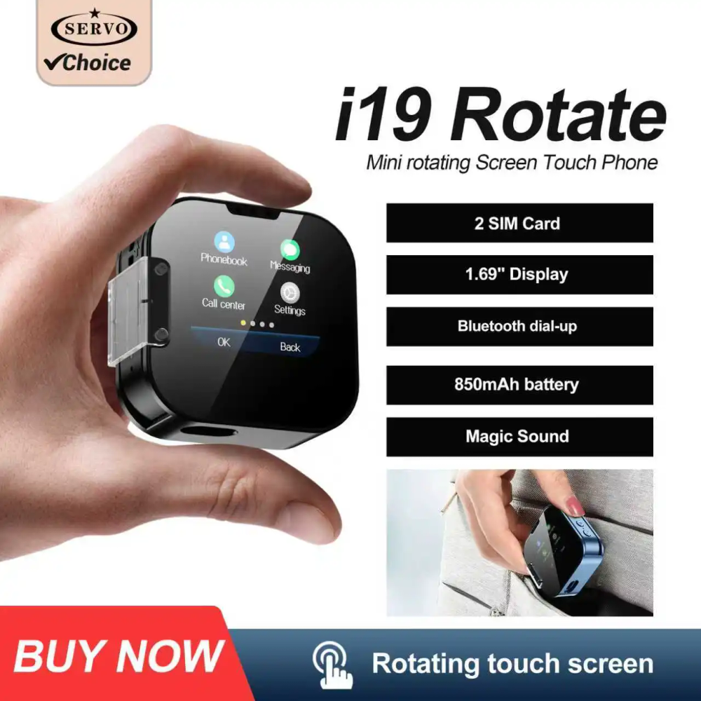 NEW Upgrade SERVO i19 Rotate Touch Screen Phone Dual SIM Bluetooth Dial Sync Music Magic Voice Torch 1.69 Inch 2G Mini Cellphone