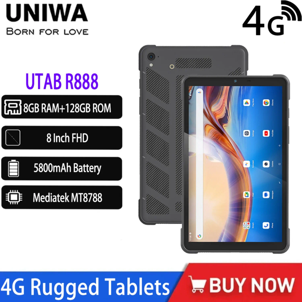 UNIWA UTAB R888 Global Edition 4G Rugged Tablet 8 Inch IP68 Waterproof Phablet 8GB RAM 128GB ROM 5800mAh Smart Tablet PC GPS NFC