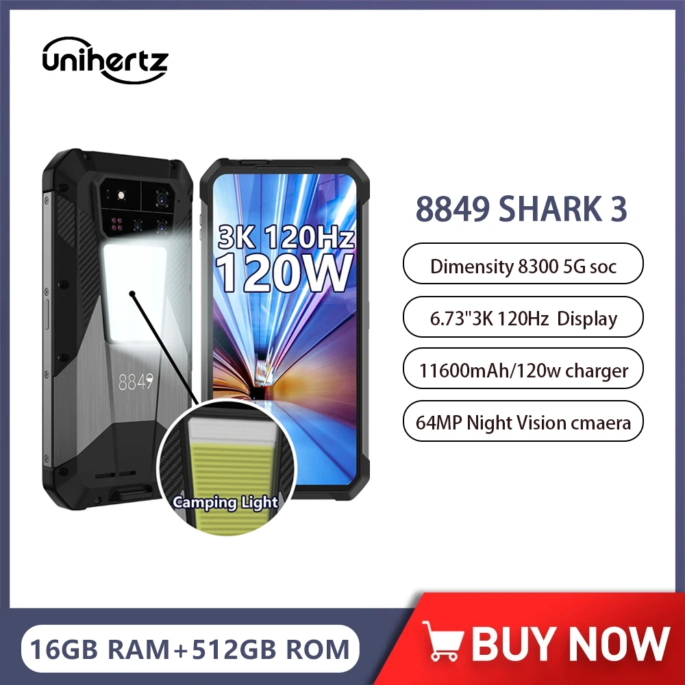 Unihertz 8849 SHARK 3 By 8849 5G Smartphone Android 14 Dimensity 8300 3K AMOLED Screen 32GB 512GB 11600mAh 120W 64MP Cellphone