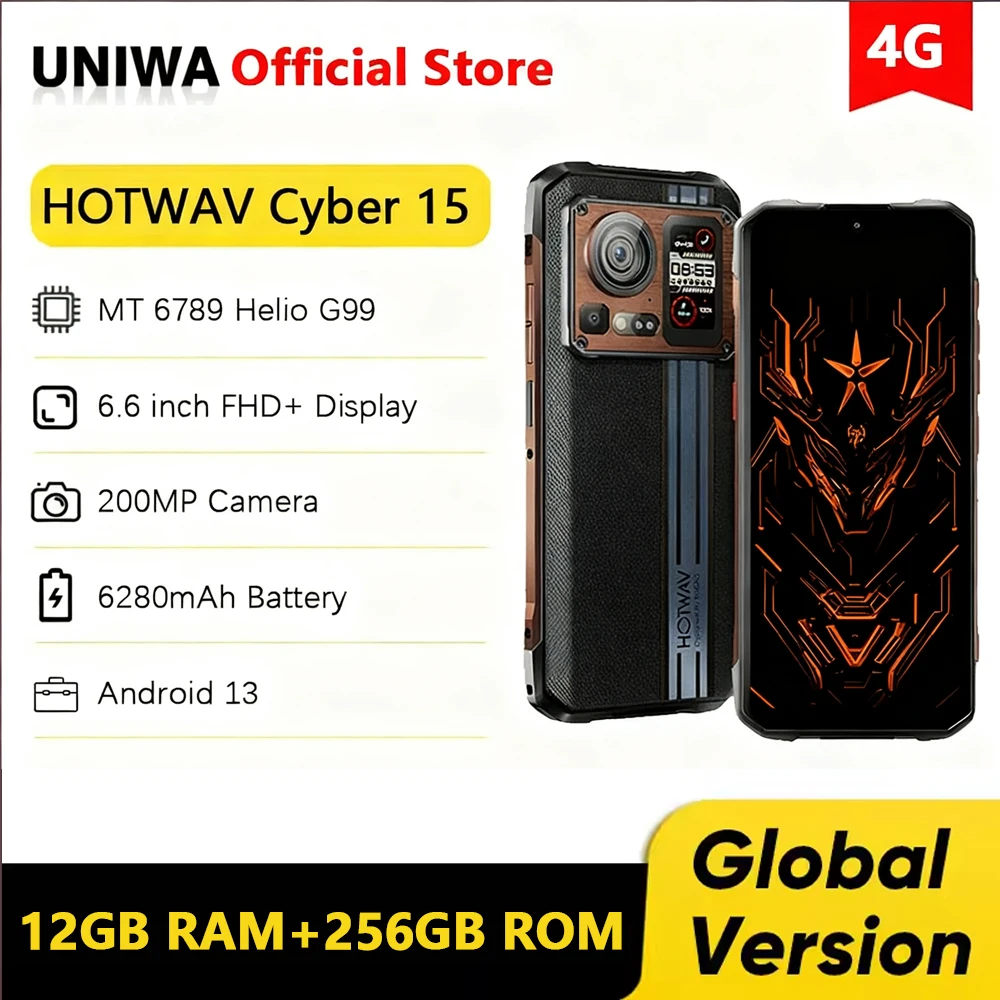 HOTWAV Cyber 15 Rugged Phone 6.6" FHD+ 120Hz 2K Ultra-thn 12GB 256GB Mobile Phone 200MP Camera 4G Smartphone Android 13 NFC
