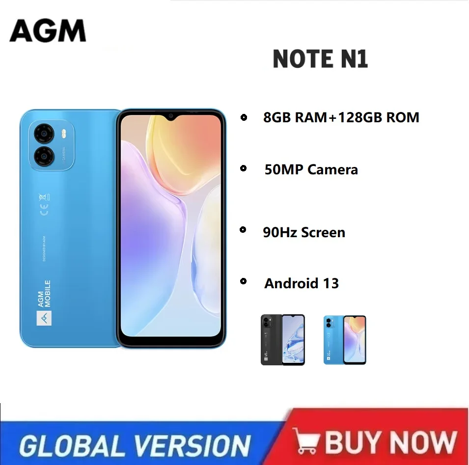 AGM NOTE N1 Smartphone 8GB/128GB, Unisoc T606 CPU, 6.52" HD+ IPS, 50MP Camera, 4900mAh, Dual SIM 4G, Side Fingerprint Celular