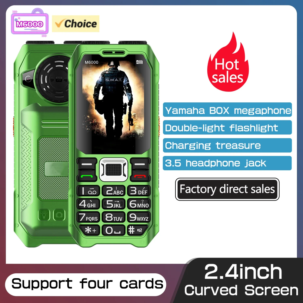 New M6000 Phone 2.4inches Four SIM Cards Feature Phone Flashlight Loud Voice Big Battery FM Bluetooth Unlocked CellPhone