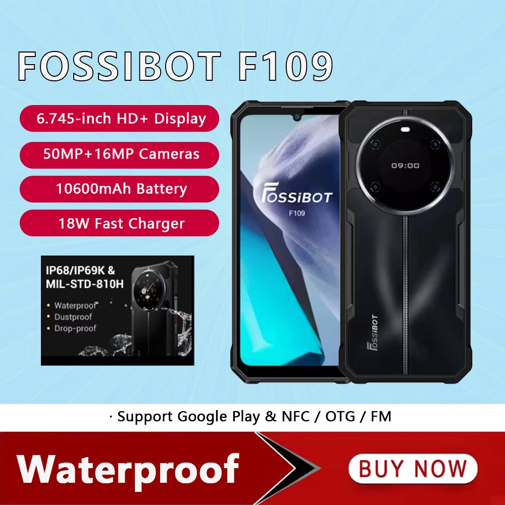Fossibot F109 5G Rugged Smartphone Android 14 Dual Display 8GB+256GB Mobile Phone 10600mAh Battery 64MP Face ID Cellphone NFC