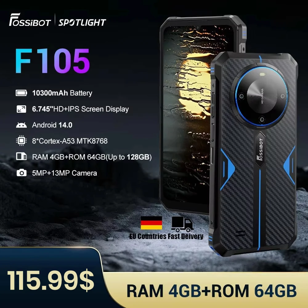 [World Premeire] FOSSiBOT F105 Rug Phone 6.745" HD+ 10300mAh Octa-core 4GB+64GB Smartphone Android 14 20 MP Face ID Mobile Phone