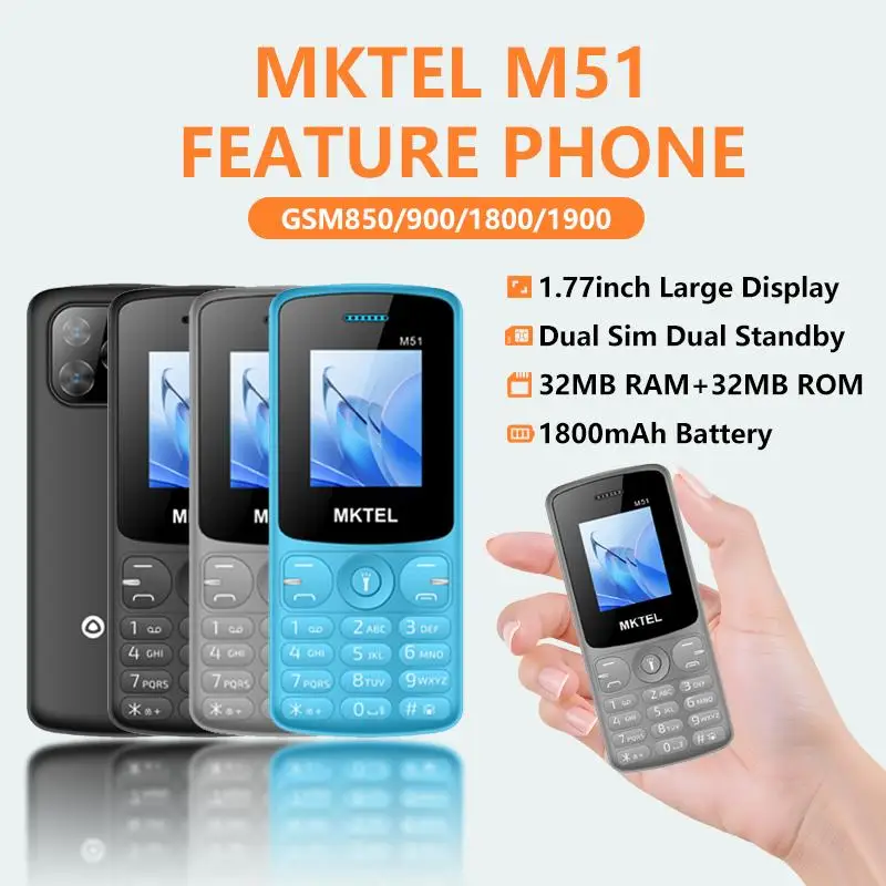 MKTEL M51 Feature Phone 1.77" Display Large Keypad 1800mAh Big Battery Bluetooth Music Flashlight 0.08MP Camera