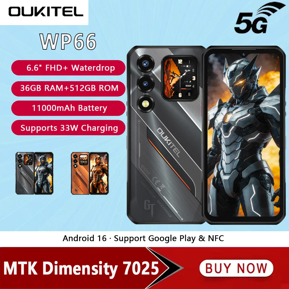 OUKITEL WP66 11000mAh Supports 33W 5G Rugged Smartphone Dimensity 7025 36GB+512GB 6.6" FHD+ 1.81 " Dual Screen 120Hz 108MP NFC