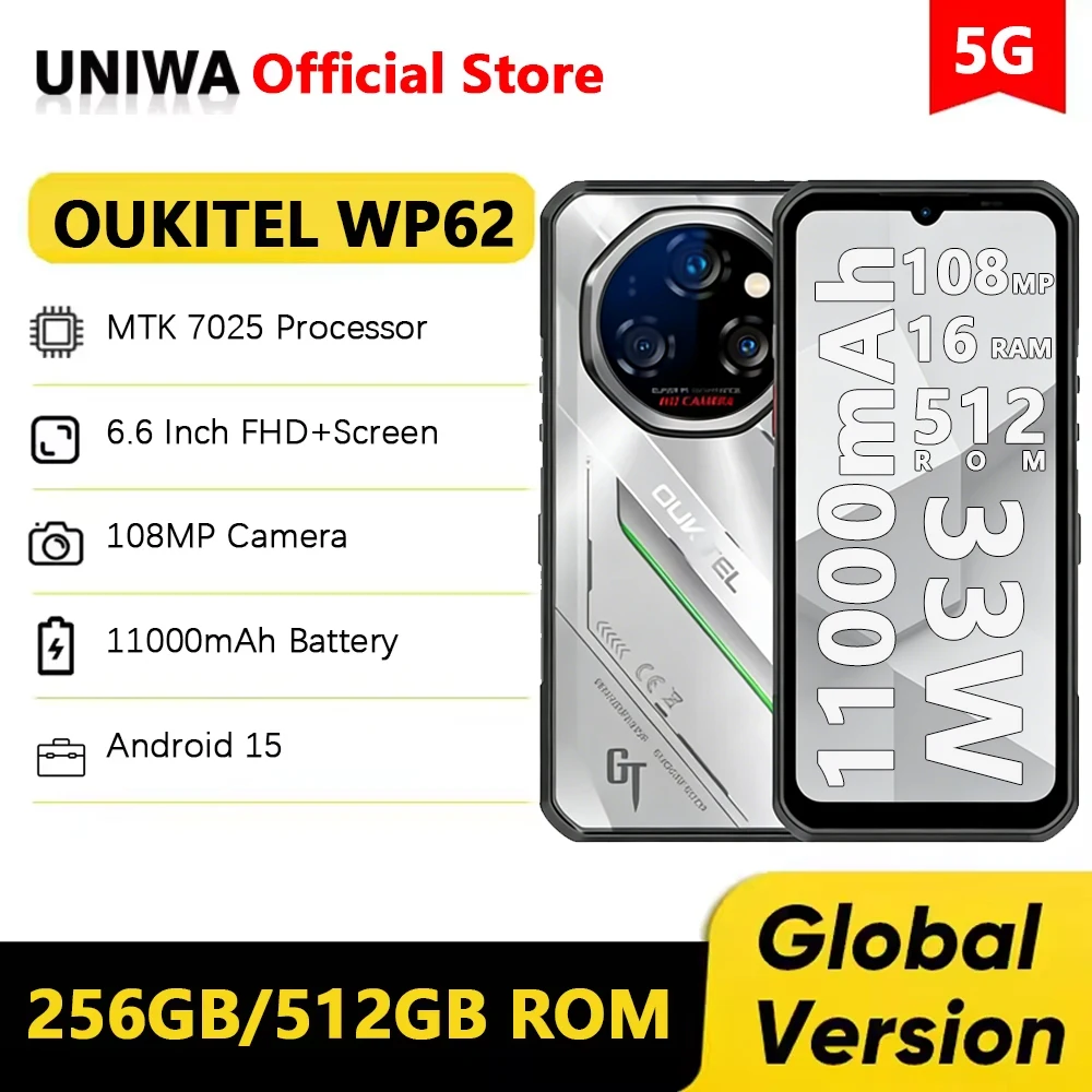 Oukitel WP62 5G Rugged Phone MTK 7025 6.6" FHD+ 256GB/512GB ROM Mobile Phone 11000mAh Battery 108MP NFC Smartphone Android 15