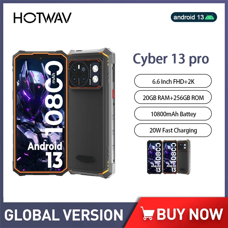 HOTWAV Cyber 13 Pro Rugged Smartphone Android 13 20GB+256GB 150LM Flashlight 6.6 Inch FHD+ 10800mAh 20W 64MP Cellphones On Sale