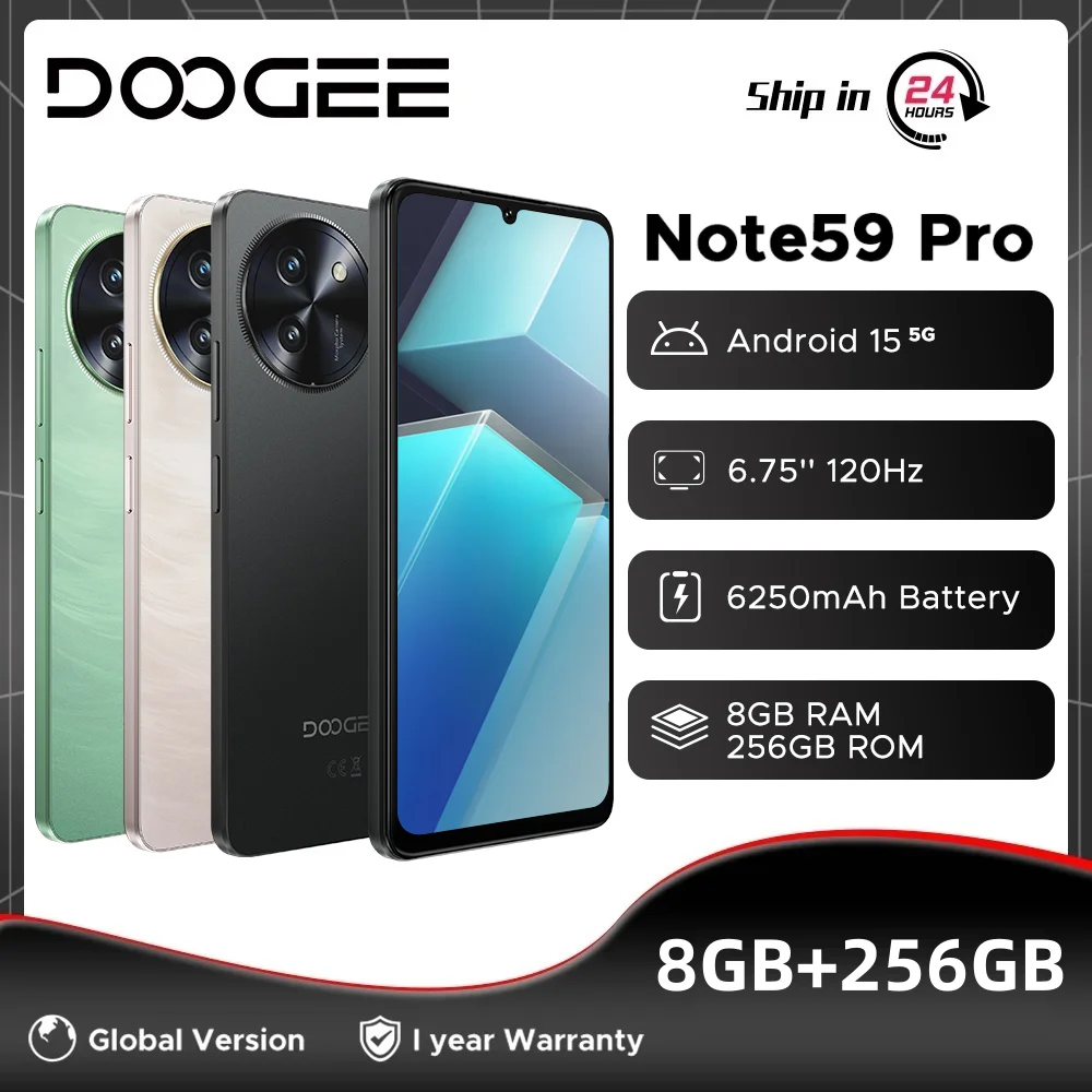 Global Version DOOGEE Note59 Pro 5G Smartphone 32GB(8+24) 256GB 6.75" HD+ 120Hz UNISOC T8200 Octa Core 6250mAh Battery Android15