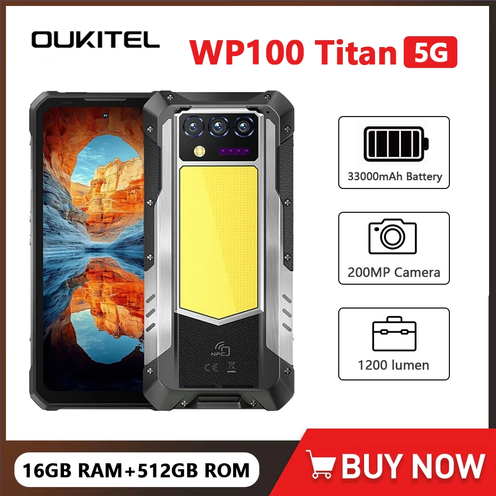 NEW Oukitel WP100 Titan Rugged Phone 33000mAh 66W Charger 200MP Camera Built-in Projector Camping Light 12GB+512GB CellPhone NFC