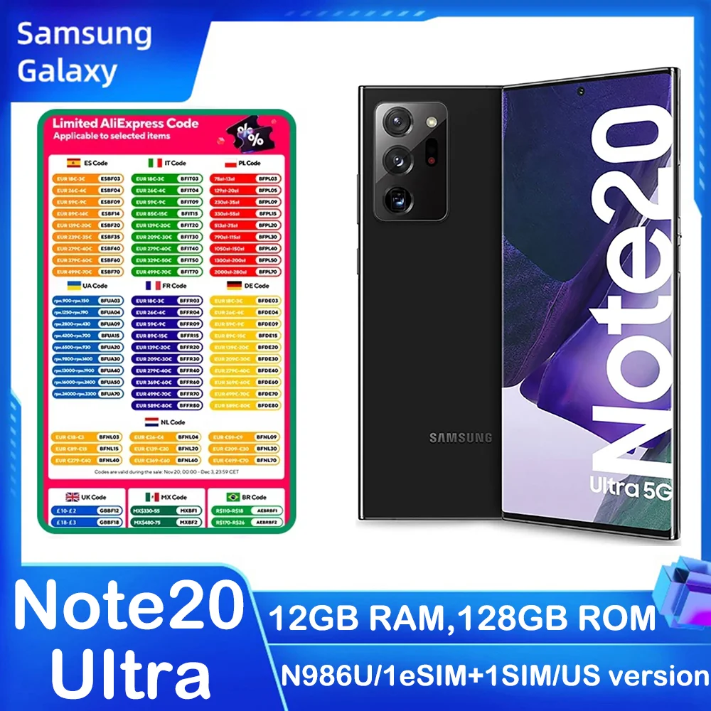 Samsung Galaxy Note20 Ultra 5G Smart Android Phone N986U 6.9-inch Eight Core 108MP 4500mAh US Version Note20U 12GB+128GB Unlocks