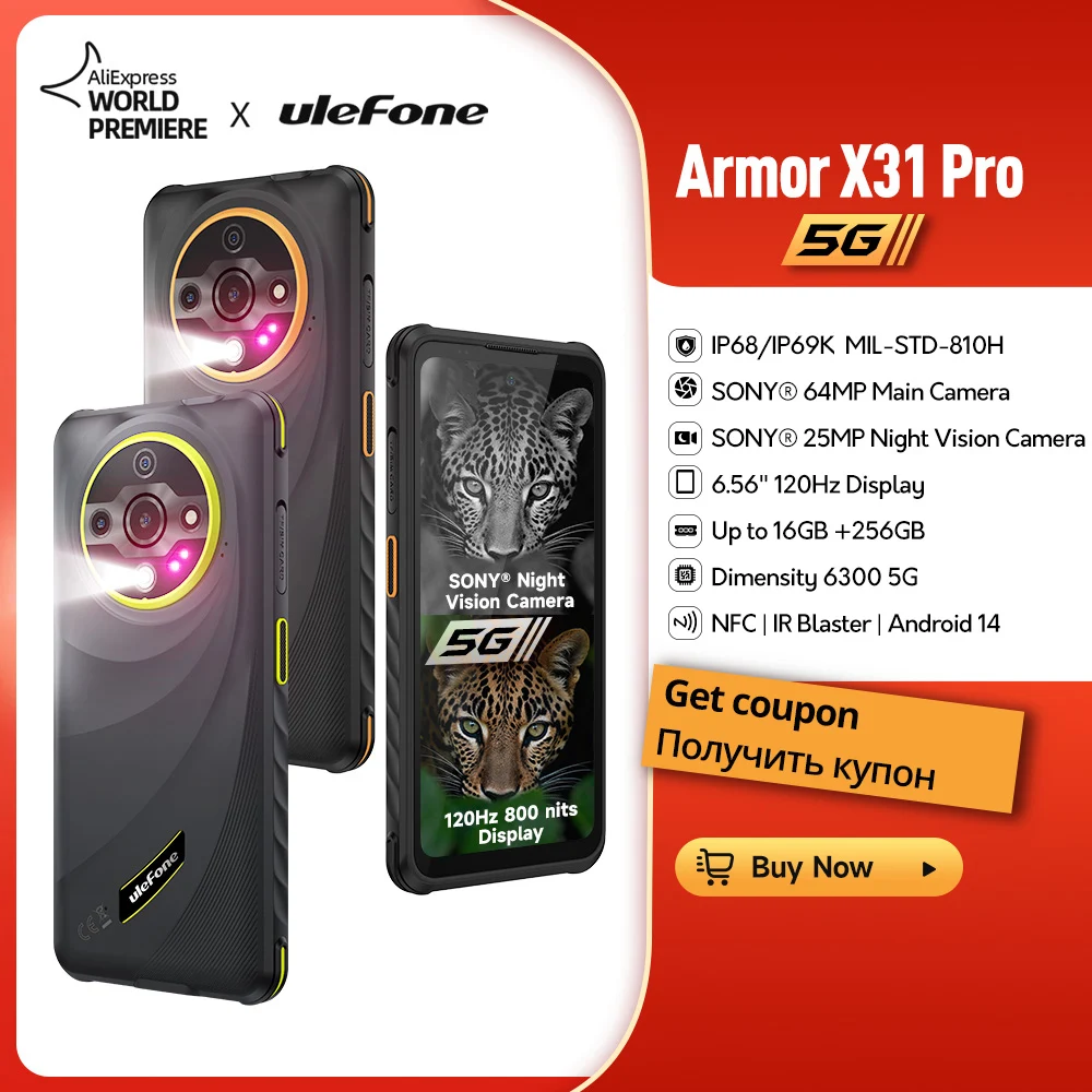 Ulefone Armor X31 Pro 5G Rugged Phone Android 14 Waterproof Smartphone 6.5616GB RAM 256GB ROM Sony ® Night Camera 64MP NFC
