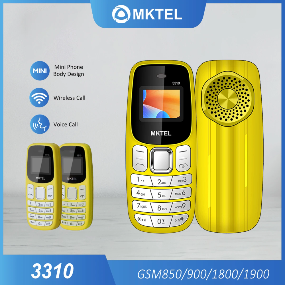 M1-3310 Mini Phone Yellow 0.66 inch OLED Screen 380mAh Battery MTK6261D Dual SIM Mobile with Ear hook