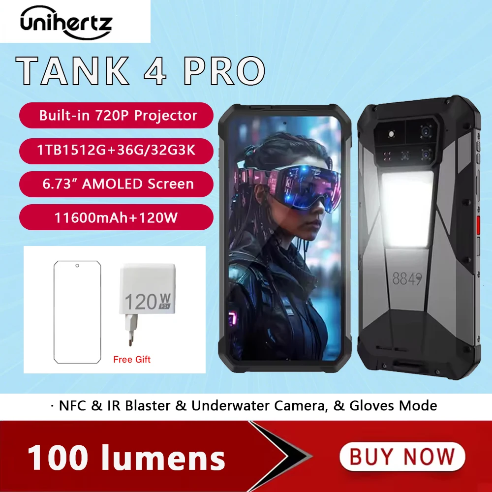 Unihertz 8849 Tank 4 Pro 5G Projector Smartphone 1TB ROM 36GB RAM 6.73 Inch 3k AMOLED Display 11600mAh 100 Lumens Projector NFC