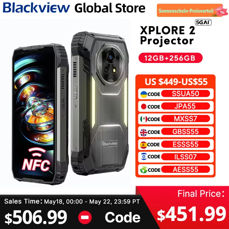 Blackview XPLORE 2 Projector 5G AI Rugged Phone 6.73 3.2K AMOLED Display Dimensity 8300 20000mAh 120W Charger Cellphone