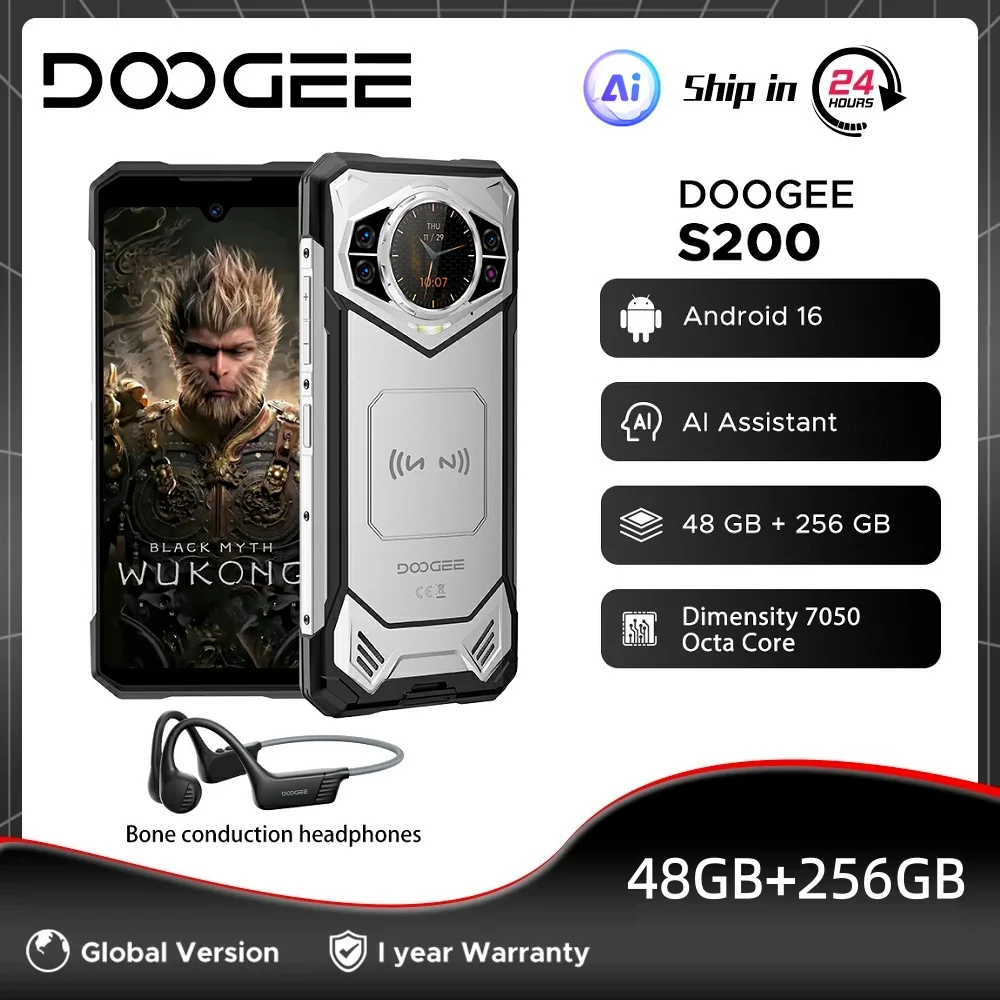 DOOGEE S200 5G Rugged Phone 48GB+256GB 6.72" 120Hz Display Dimensity 7050 100MP Camera 10100mAh Mobilephone Android 16 NFC