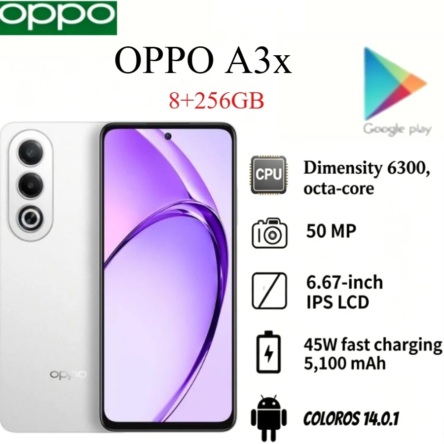 The 2026 (latest model) OPPO A3X Global Edition smartphone features 8+256GB of storage, a 50-megapixel camera for sharper photos