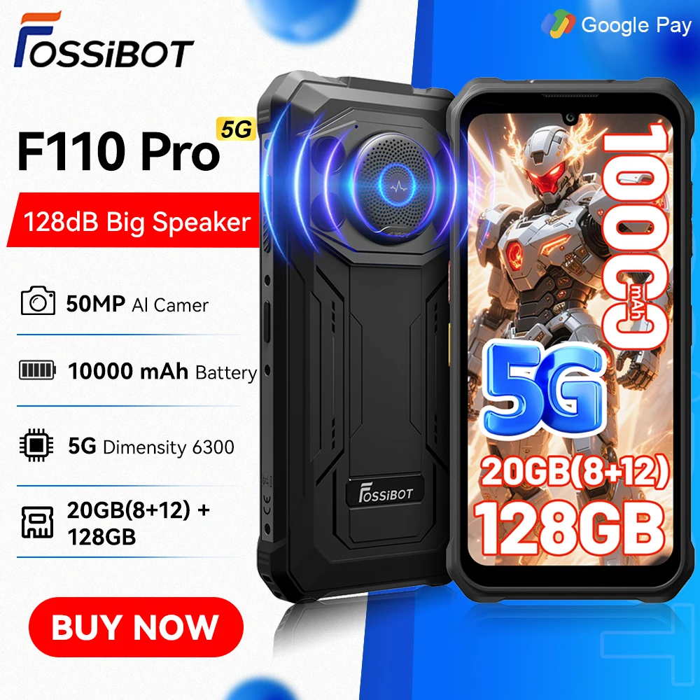 Fossibot Android 15 Rugged Smartphone 8GB RAM 128GB ROM 10000mAh 6.745" 50MP 128dB Speaker NFC [F110 PRO-Phone]