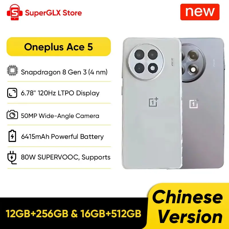 Oneplus Ace 5 Unlocked 5G Smartphone Snapdragon 8 Gen 3 6.78" AMOLED 120Hz Display 6415mAh 80W Charger 50MP Camera Android 15.0