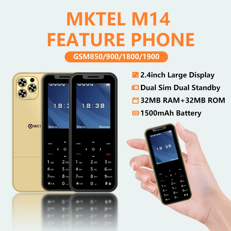 MKTEL M14 feature phone 2.4 inches 1500mAh battery 32MB+32MB dual SIM GSM phone supports 10 languages
