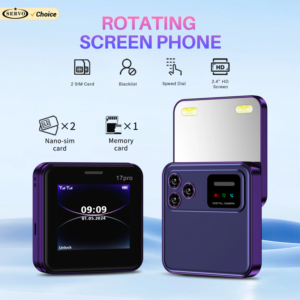 SERVO Rotating Screen Mobile Phone Speed Dial Magic Voice Blacklist Dual SIM Card FM Radio 2G GSM 2.4" Side Sliding Square Phone
