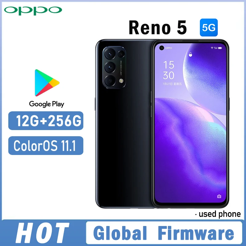 OPPO Reno 5 5G SmartPhone Global firmwar Snapdragon 765G colorOS11.1 6.43 inches camera 64MP 4300mAh battery used phone