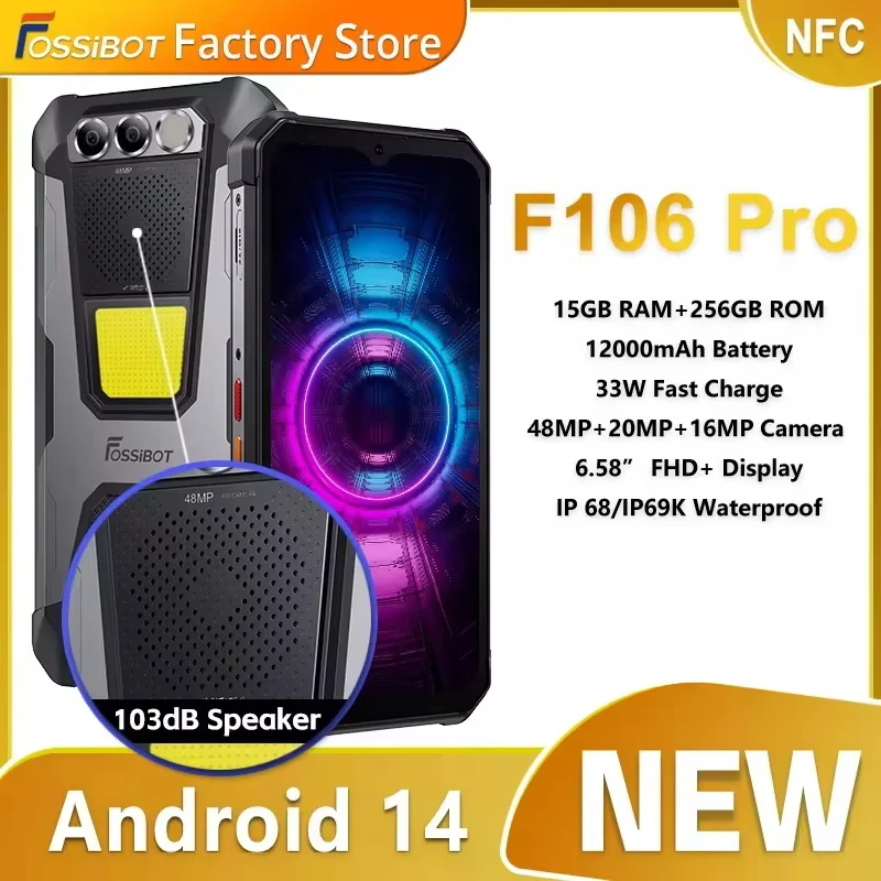 FOSSIBOT F106 PRO MTK G85 4G Android 14 15GB(8+7GB Extended) 256GB ROM Rugged Smartphone 12000mAh Battery 48MP Camera NFC FOSSIBOT F106 PRO MTK G85 4G Android 14 15GB(8+7GB Extended) 256GB ROM Rugged Smartphone 12000mAh Battery 48MP Camera NFC