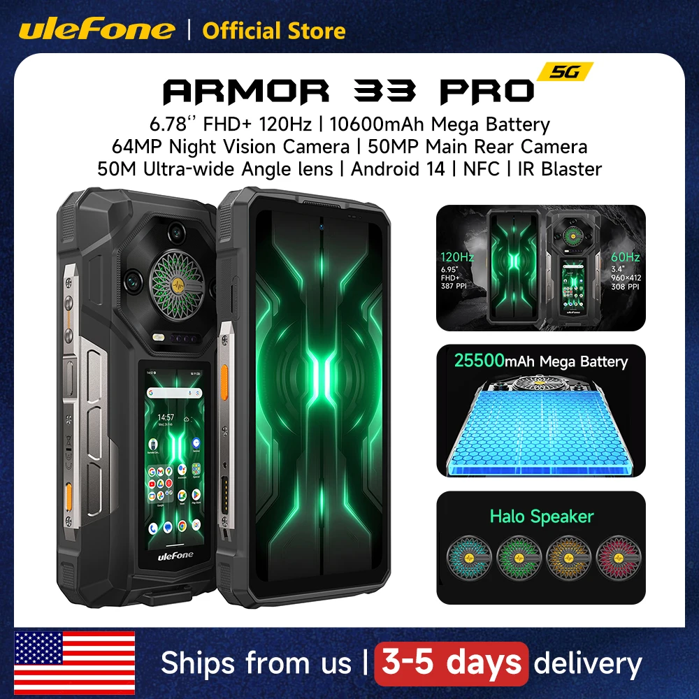 Ulefone Armor 33 Pro 5G Rugged Phone 25500 mAh 512GB ROM 120Hz 6.593.4" Rear Screen NFC Android Smartphone