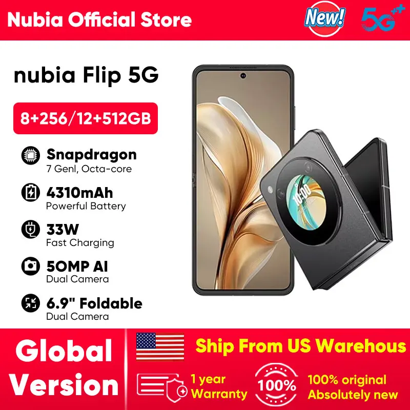 US Warehouse nubia Flip 5G Smartphone 6.9 FHD+ 120Hz OLED Foldable Display Snapdragon 7 Gen1 33W Fast Charging 4310mAh Battery