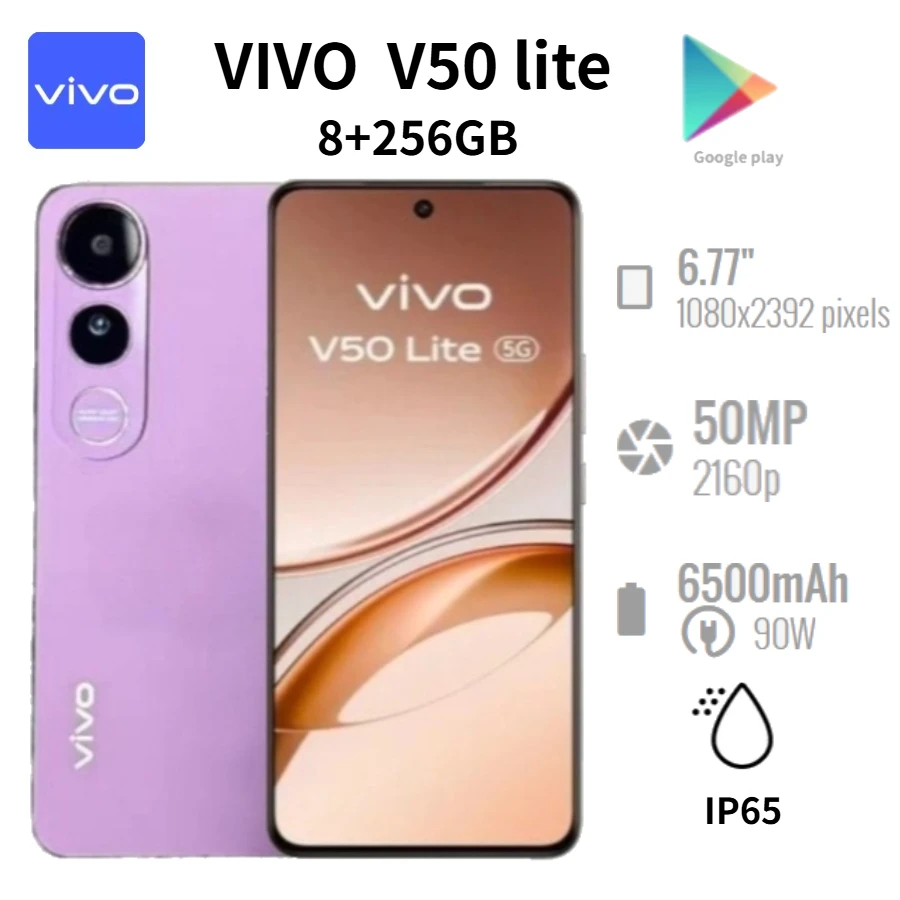 2026 new Vivo V50 Lite 5G 2026 Global Edition 6.77-inch HD Display 50MP Dual Camera 6500mAh 90W Fast Charging Dual SIM 8+256GB