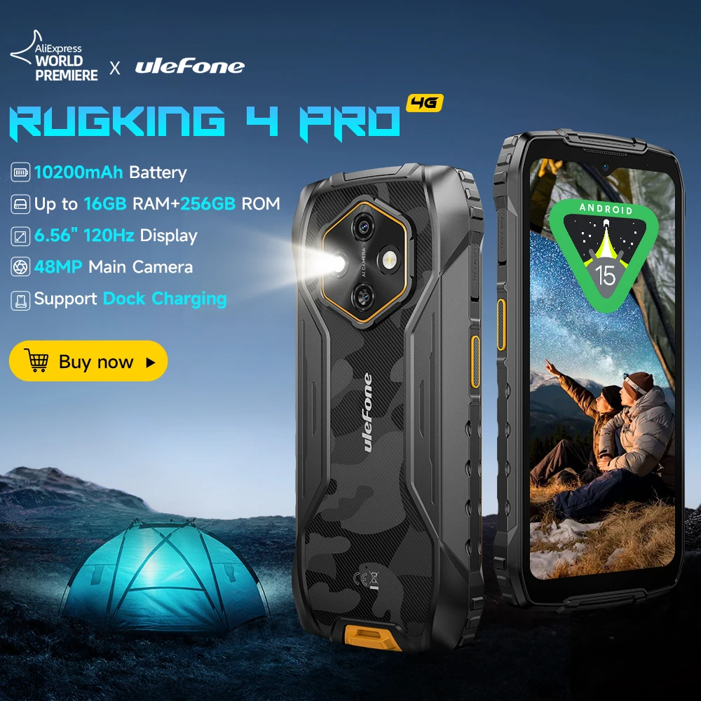 Ulefone RugKing 4 Pro Rugged Phone Android 15 Up to 16GB+256GB Waterproof Smartphone 10200mAh 48MP Camera NFC Global 6.56" 120Hz