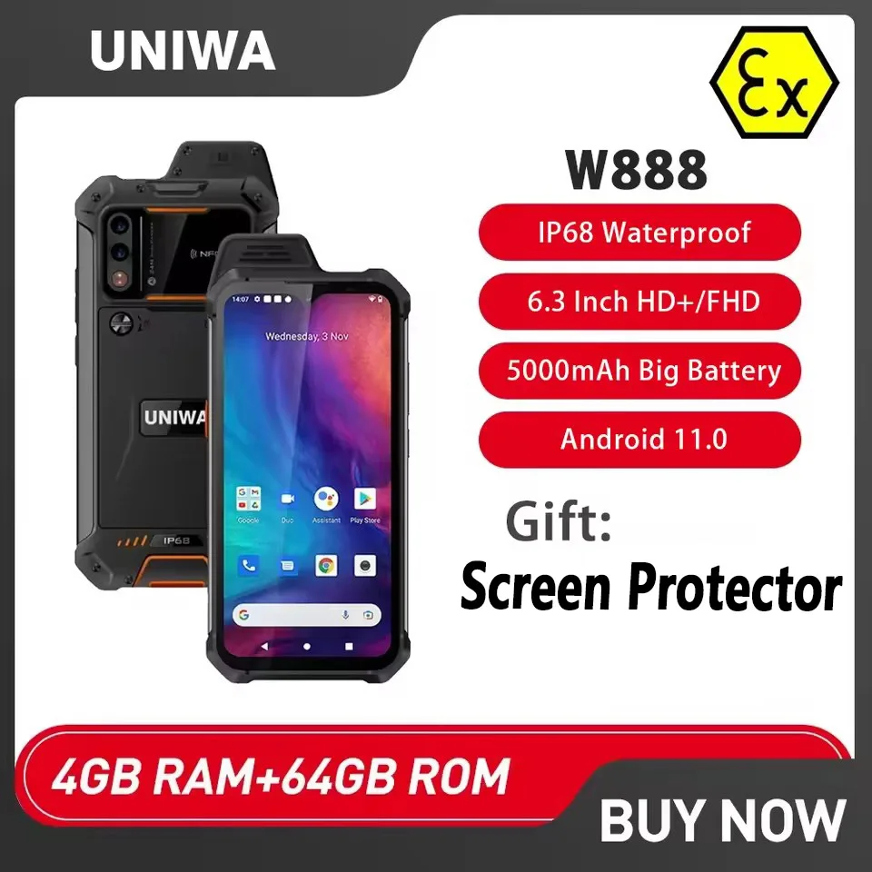 UNIWA W888 ATEX Explosion Indestructible Water Proof Mobile Phone 4GB+64GB 5000mAh Walkie Talkie PTT Smartphone Andriod 11 NFC