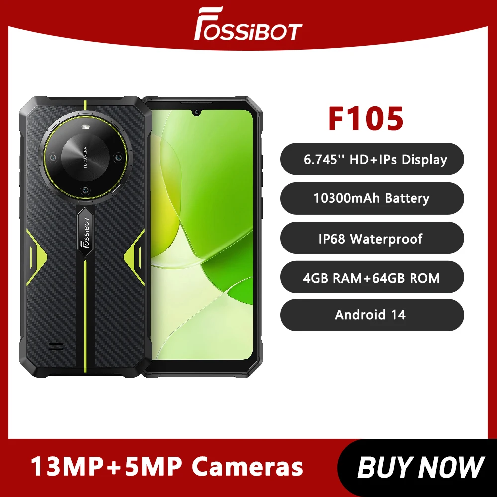 FOSSiBOT F105 Rugged Smartphone Android 14 Cellphine 6.75" HD+ IPS Display 10300mAh 4GB+64GB Mobile Phone with NFC
