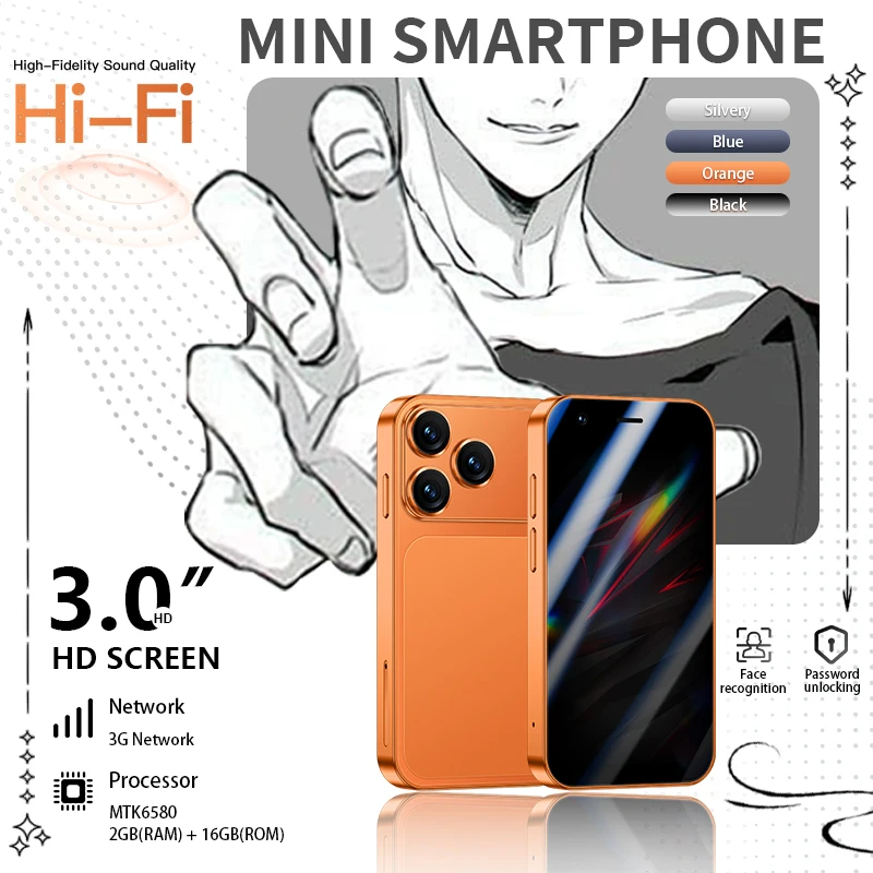 ONEMYTH Tiny Pocket Phone 3.0 Inch Portable Backup Phone, 2GB RAM 16GB ROM Dual Standby 3G Smartphone, Support GPS WhatsApp