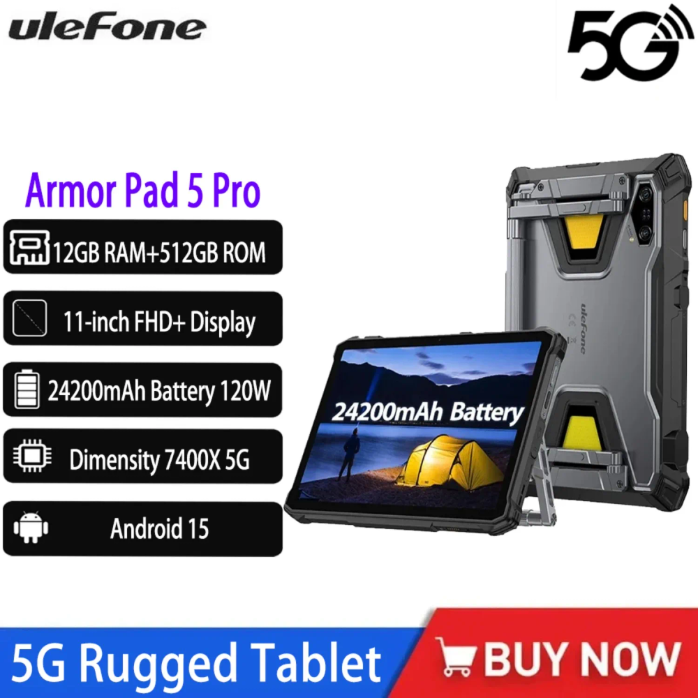 Ulefone Armor Pad 5 Pro Rugged Tablet 11" 12GB 512GB Smart Pad 24200mAh 64MP 120W 5G Android 15 NFC Waterproof and Anti Drop