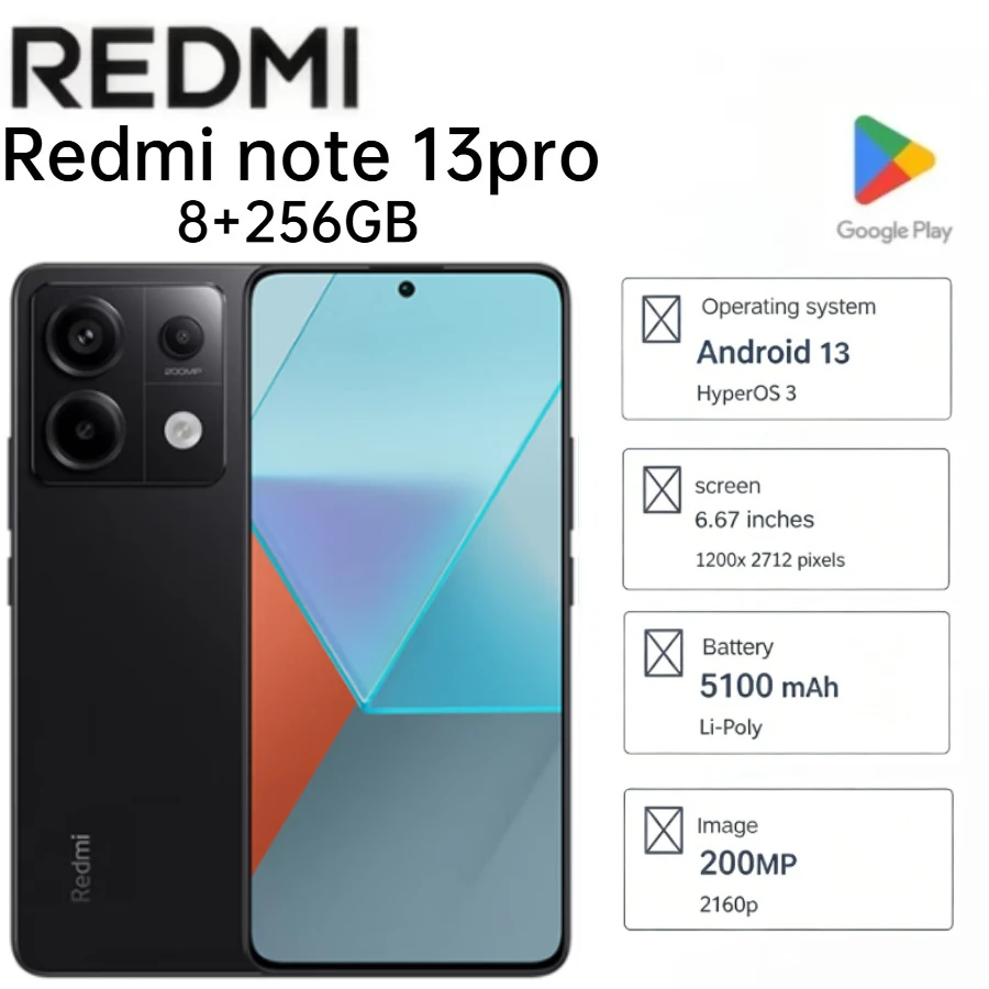 2026 Latest Model Redmi Note 13 Pro Global Version, 8GB+256GB, 6.67" 120Hz AMOLED Display, 200MP HD Camera, 5100mAh Fast Chargin